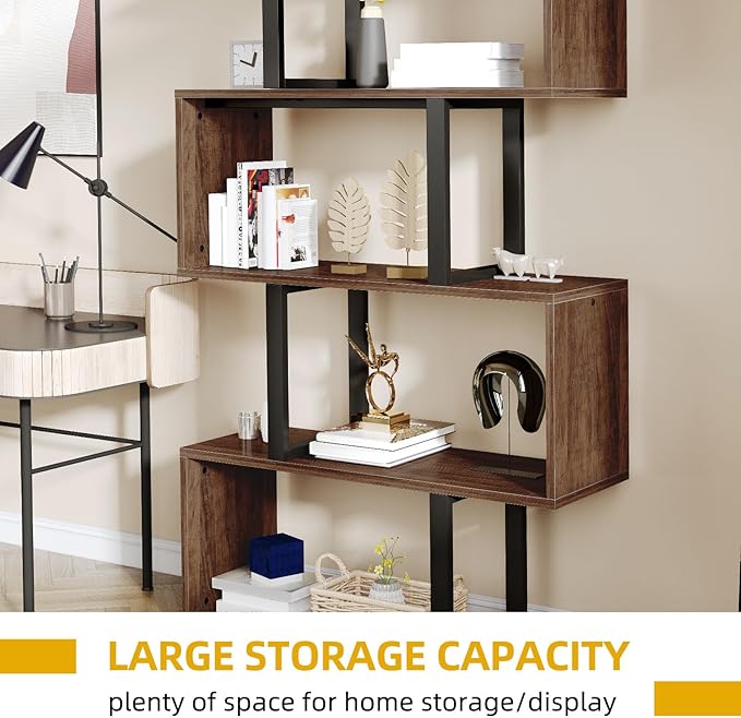 DWVO Geometric Bookshelf, 5-Tier Bookshelf S-Shaped Bookshelves, Industrial Geometric Bookcase Freestanding Multifunctional Storage Shelving for Living Room Home Office, Retro Brown