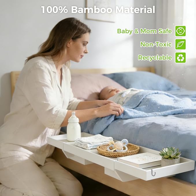 MinBoo Expandable Nightstand Shelf Bamboo College Caddy for Top Bunk Clip Bedside Shelf Floating Bed Side Table Tray Storage Dorm Room Decor College,White