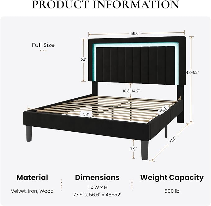 SHA CERLIN Full Size Velvet Bed Frame with LED Light, Adjustable Vertical Channel Tufted Headboard, Strong Wooden Slats Support, Noise-Free, No Box Spring Needed, Black