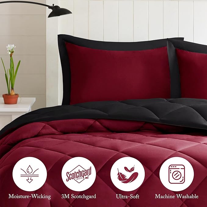 Madison Park Comforter Set, Reversible Down Alternative All Season Microfiber Bedding, 3M Scotchgard Stain Release, Full/Queen Dorm Comforter, Red/Black
