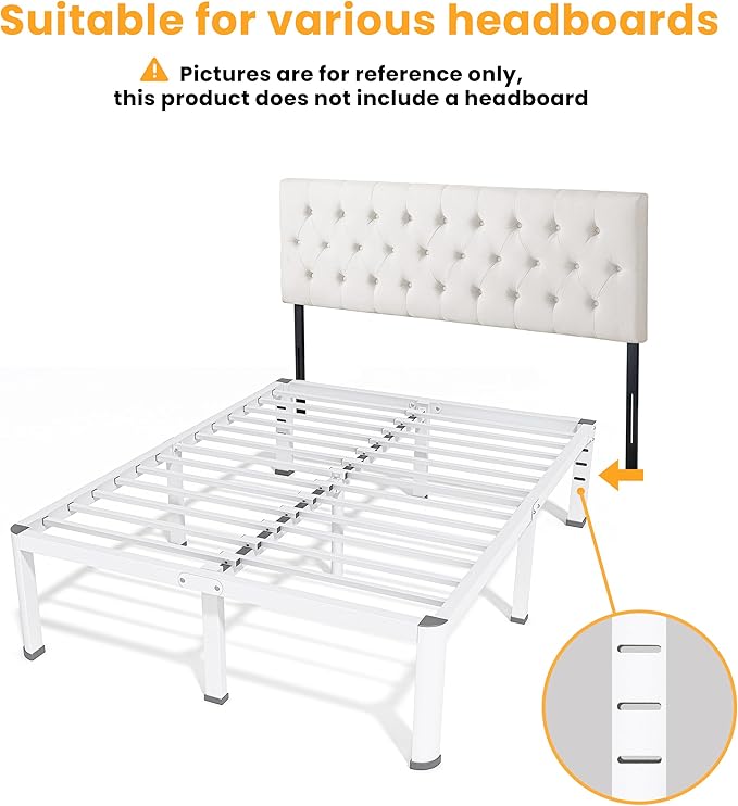 14 Inch Full Bed Frame, Metal Platform Bed Frame with Round Corner Legs, 3500 lbs Heavy Duty Steel Slats Support, No Box Spring Needed, Noise Free, Easy Assembly, White