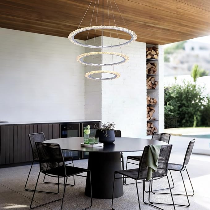 Modern LED Chandelier 𝐃𝟑𝟏.𝟓" 3 Ring Crystal Chandeliers for Dining Room Ceiling Lighting Fixture Adjustable Height Round Pendant Lights Silver Ring Chandelier for Living Room Bedroom
