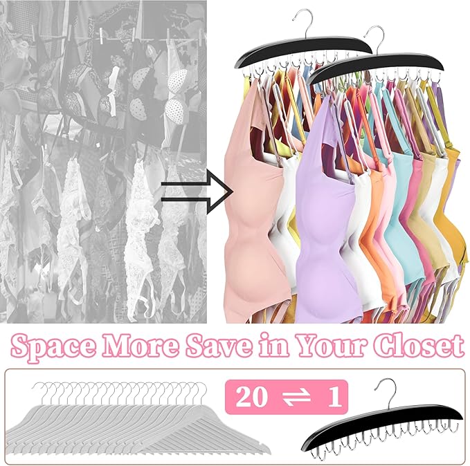 360 Rotating Bra Organizer, Space Saving w/20 Foldable Metal Hooks, Tank Top Hanger Closet Organizers and Storage for Camisoles/Tank Tops/Belts/Scarves Black