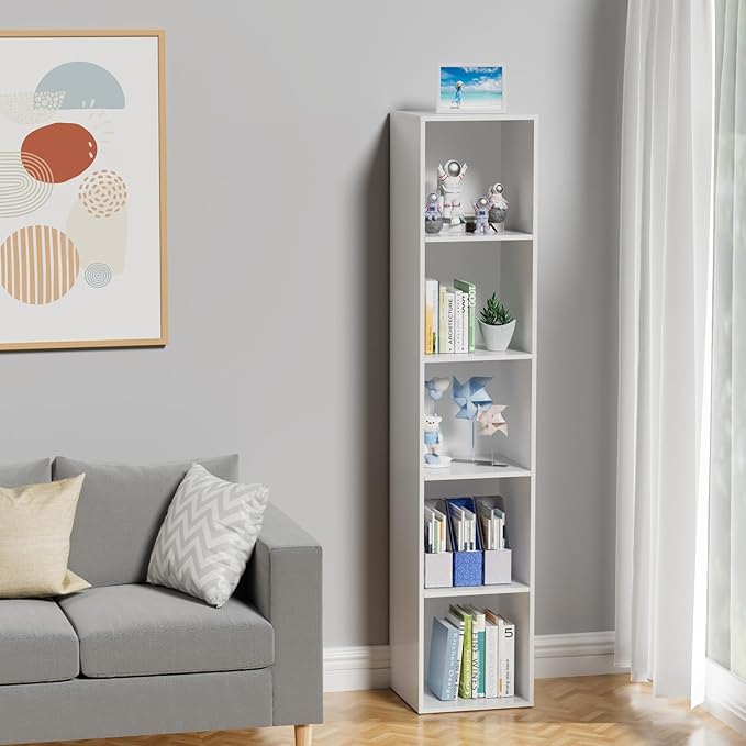 5 Tier Bookshelf, Open Tall Narrow Floor Standing Bookcase, Wooden Book Shelf Display Organizer for Home Office, Study (White, 5 Cube)