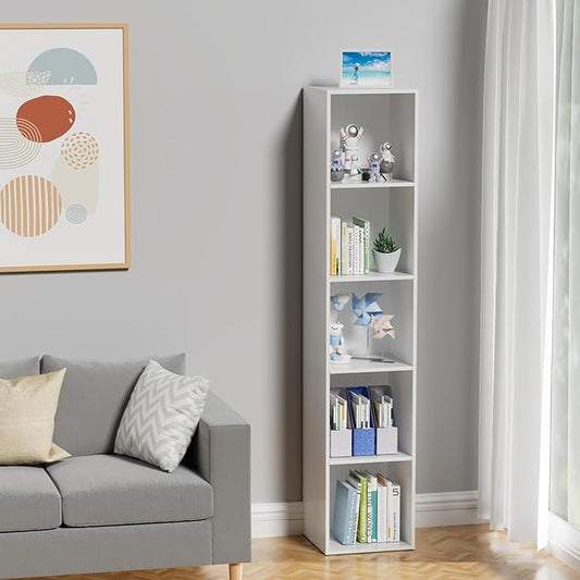 5 Tier Bookshelf, Open Tall Narrow Floor Standing Bookcase, Wooden Book Shelf Display Organizer for Home Office, Study (White, 5 Cube)