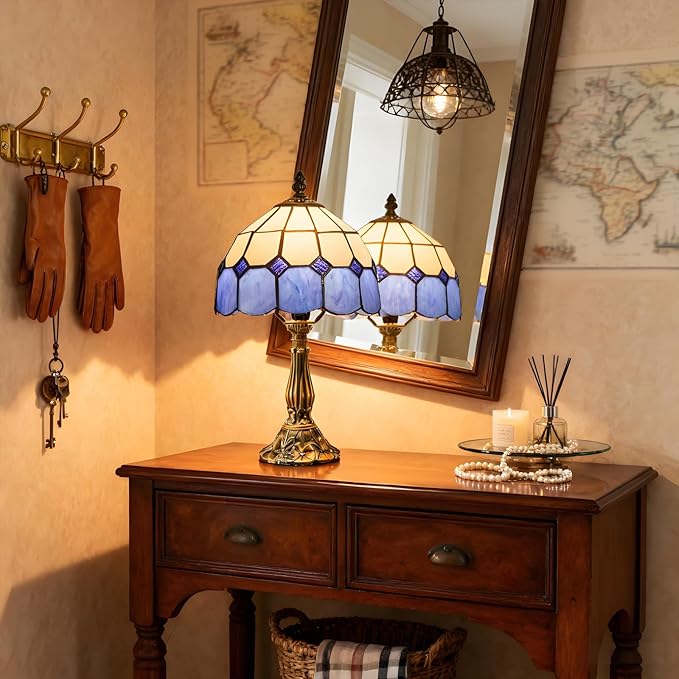 Table Lamp Tiffany-Style 8 Inch Mediterranean Series Stained Glass Lampshades Small Bedside Lamp Reading Antique Desk Light Livingroom Bedroom Office Vintage Art De(Color:Blue)