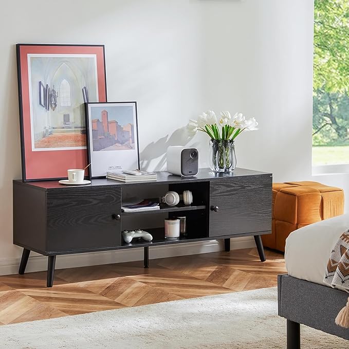 Sweetcrispy TV Stand for 55 60 inch TV, Modern Mid Century Entertainment Center with Storage Cabinet, Media Console Table for Living Room, Soft Hinge, Handle Door, Wooden Office Furniture, Tank