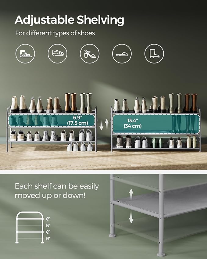 SONGMICS Shoe Rack, 3-Tier Shoe Organizer, Fabric Shoe Shelf Storage with 4 Hooks, Holds up to 18 Pairs of Shoes, Height-Adjustable Shoe Rack for Entryway, Hallway, Closet, Easy Assembly, Dove Gray