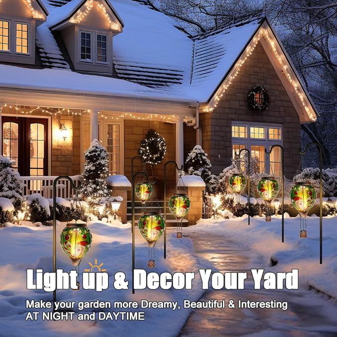 Solar Powered Hot Air Balloon Lantern - Santa Glass Lantern, Simulated Flickering & Dancing Flame, Outdoor Hanging Yard Light Waterproof IP65 for Patio Lawn Porch Christmas Decor Gift