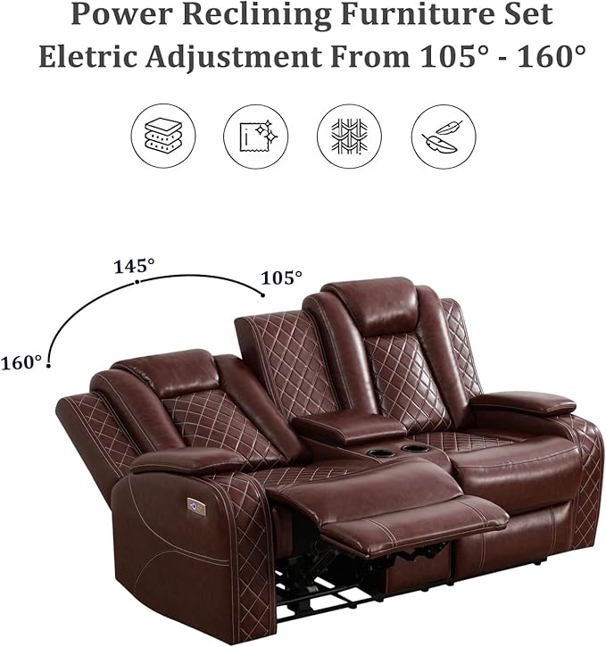 Power Recliner Sofa, Air Leather Reclining Couch with LED/Storage, 3-Seater Reclining Sofa, Burgundy Leather Couch for House/Apartment/Office