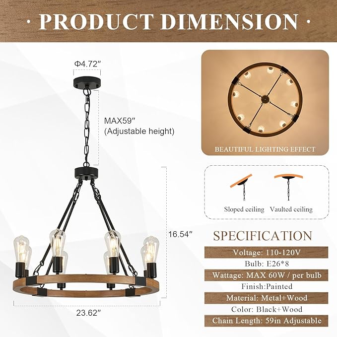 23.6'' Farmhouse Wooden Wagon Wheel Chandeliers 8 Lights Rustic Oak Wood Round Chandelier with Black Chain Natural Pendant Light Fixture for Living Dining Room Kitchen Entryway Foyer