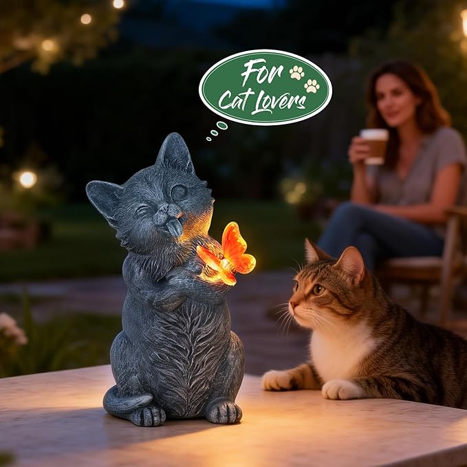 10 Inch Solar Cat Garden Statue with Butterfly LED Light - Unique Gifts for Mom Women Grandma, Sculpture Outdoor Decor for Patio, Porch, Yard, Lawn, Balcony