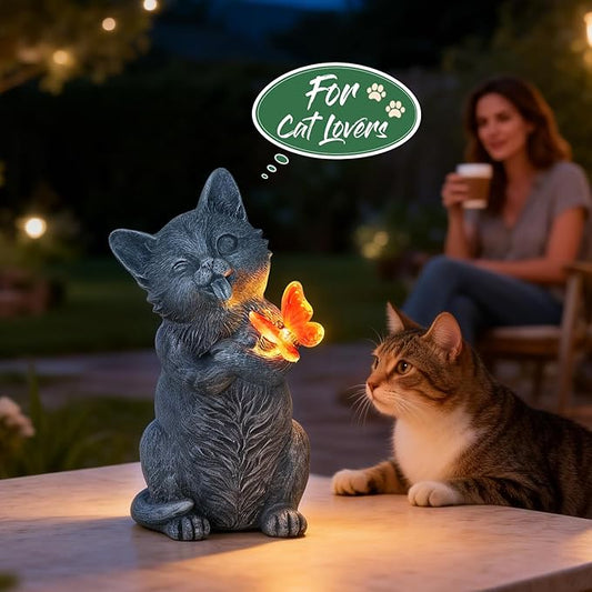 10 Inch Solar Cat Garden Statue with Butterfly LED Light - Unique Gifts for Mom Women Grandma, Sculpture Outdoor Decor for Patio, Porch, Yard, Lawn, Balcony