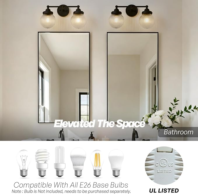 Vintage Double Arm Brass Wall Sconce Lighting, Clear Ribbed Glass 2-Lights Bathroom Vanity Light Fixture for Dining Room Bedroom Living Room Corridor