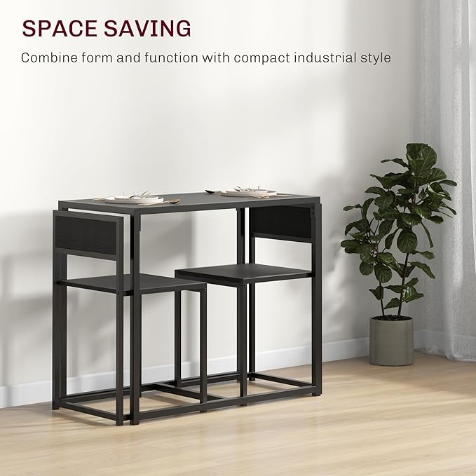 HOMCOM 3-Piece Industrial Dining Table Set for 2, Kitchen Table and Chairs, Dining Room Sets for Small Spaces, Black
