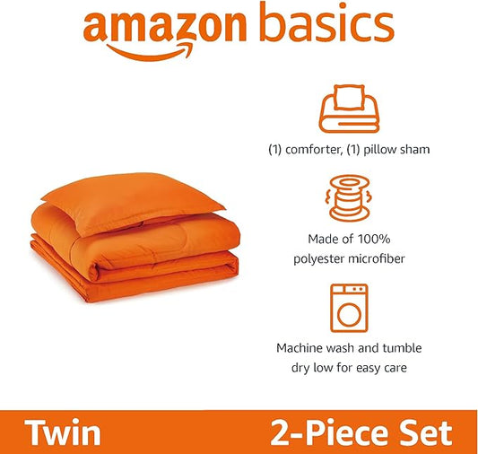 Amazon Basics 2-Piece Soft Microfiber Kids' Comforter and Pillow Sham Set, Twin, Bright Orange, Solid