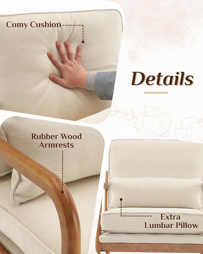 Karl home Accent Chair Mid-Century Modern Chair with Pillow Linen Fabric Upholstered Lounge Arm Chair with Solid Wood Frame & Soft Cushion for Living Room, Bedroom, Balcony, Beige