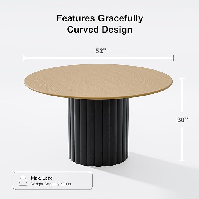 Casaphoria 52 Inch Round Wood Dining Table, Black Cylinder Base with Natural Wood Top, Two-Tone Style, Table for 6 People