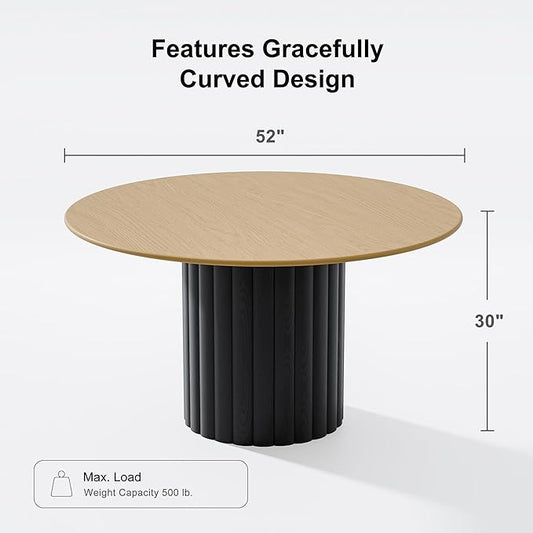 Casaphoria 52 Inch Round Wood Dining Table, Black Cylinder Base with Natural Wood Top, Two-Tone Style, Table for 6 People
