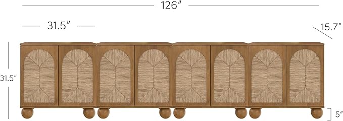 Nathan James Leah Boho TV Stand or Sideboard Cabinet for Kitchen or Living Room with Ball-Style Feet, Natural Seagrass Door Fronts and Solid Wood Legs, Light Brown, Set of 4