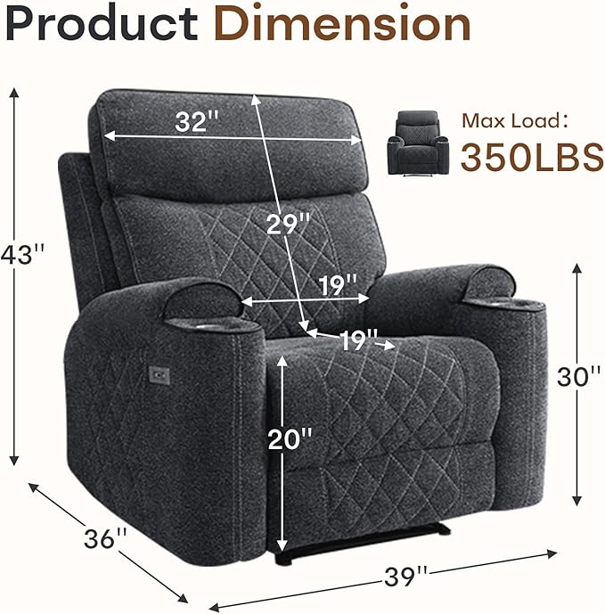 HAOMARKETS Power Recliner Chair for Adults with USB Port, Soft Fabric Electric Recliners with Metal Cup Holders, Single Overstuffed Heavy Duty Reclining Sofa Chairs for Living Room, Dark Grey