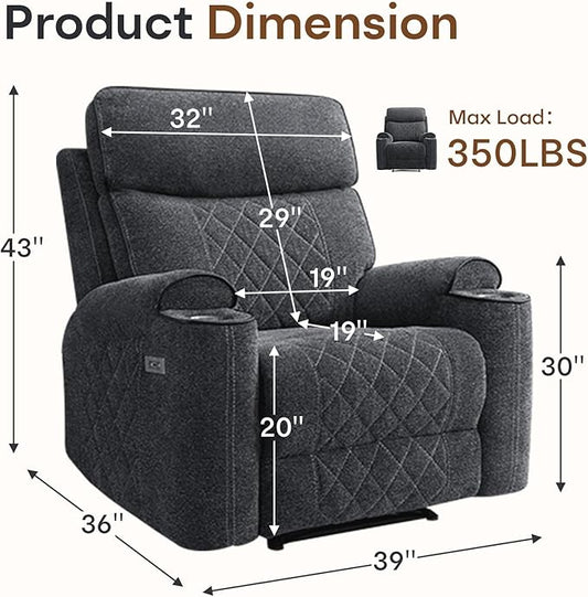 HAOMARKETS Power Recliner Chair for Adults with USB Port, Soft Fabric Electric Recliners with Metal Cup Holders, Single Overstuffed Heavy Duty Reclining Sofa Chairs for Living Room, Dark Grey