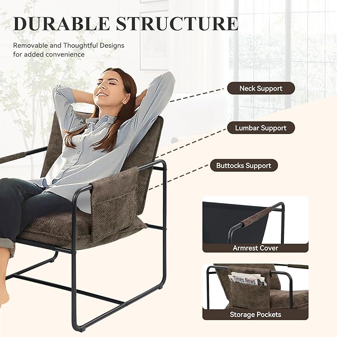 Accent Chair with Metal Frame, Upholstered Living Room Chairs with Cushions, Comfy Reading Armchair for Bedroom Brown