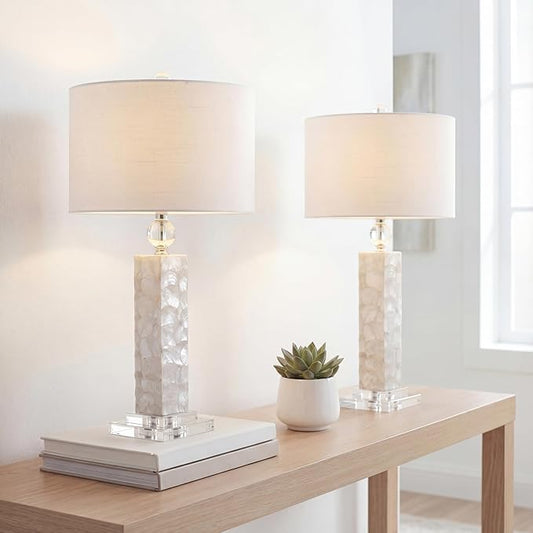 JONATHAN Y 32" White Mother of Pearl and Crystal Table Lamp Set of 2 for Bedroom, Coastal Mosaic Seashell Column Lamps for Living Room, Linen Drum Shade, LED Bulbs Included JYL4006A-SET2