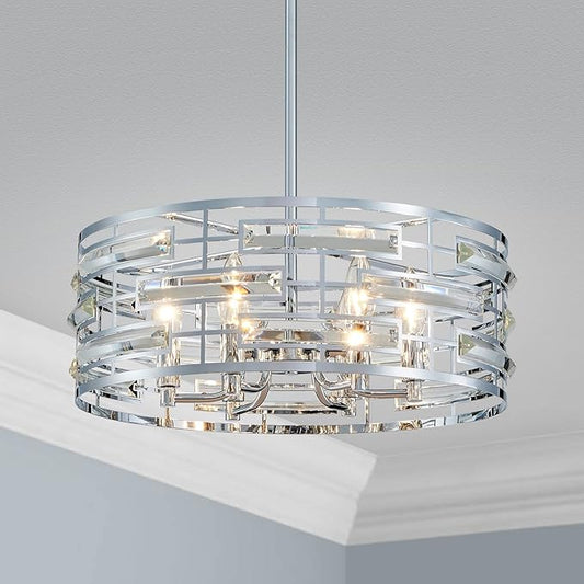 Saint Mossi Modern K9 Crystal Chandeliers, Drum Pedant Light Fixture for Living Space, D18 x H24, Adjustable Chains 59", Chrome Finish Metal Frame