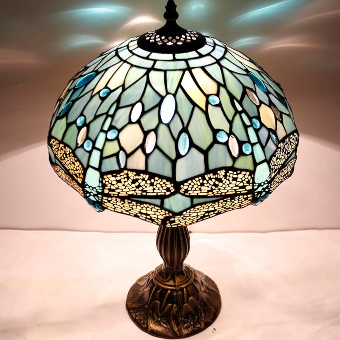 WERFACTORY Tiffany Lamp Sea Blue Stained Glass Table Lamp 12X12X18 Inches Dragonfly Style Desk Reading Light S147 Series