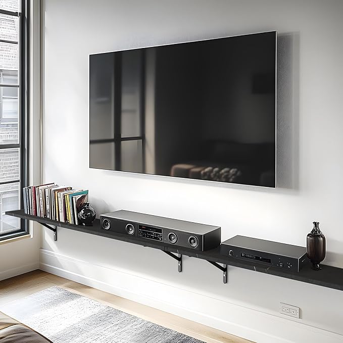 Kaboon 55 inch Long 10 inch Deep Floating Shelves for Wall Set of 2, Large Open Shelves Wall Mounted, Space Saving Home and Commercial Use, Cloud Atlas/Black Marble