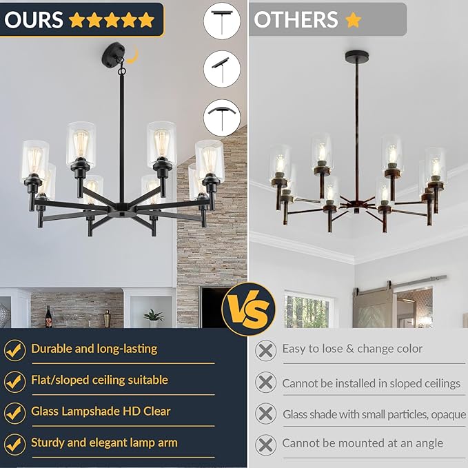 Black Chandeliers for Dining Room Light Fixture, Modern Farmhouse Chandelier, 8 Lights with Clear Glass Shade Industrial Hanging Lighting for Living Room Kitchen Island Bedroom