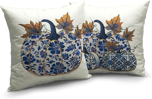 Fall Blue and White Porcelain Color Pumpkin Pillow Covers 20x20 Set of 2 Autumn Chinoiserie Grandmillennial Decorative Throw Pillow Covers for Home Couch Sofa