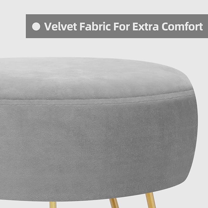 Velvet Soft Modern Vanity Stool -Round Footrest Stool Ottoman Side Table Seat Dressing with Golden Metal Leg and Sponge Filling,Upholstered Foot Rest, for Living Room and Bedroom (Gray)
