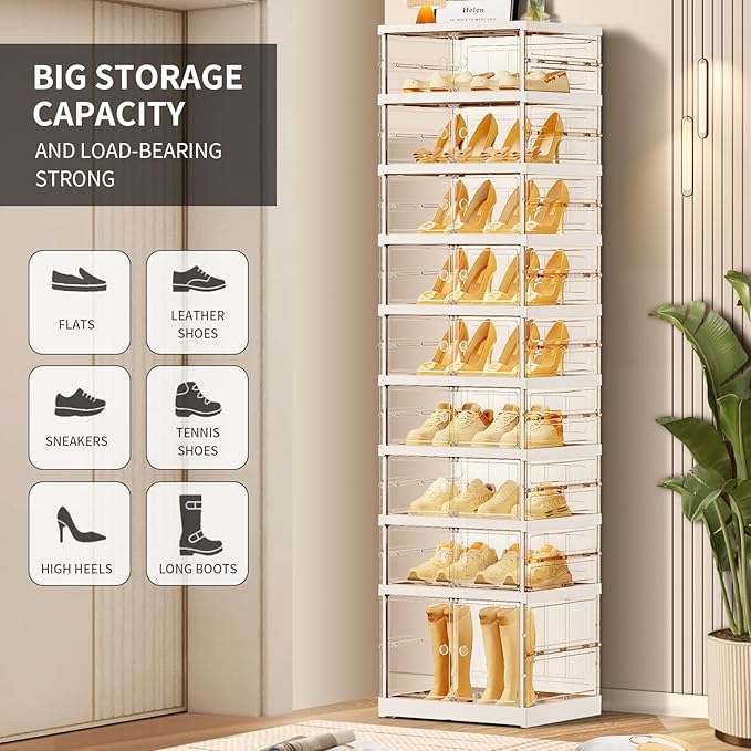 9 Tier Foldable Shoe Rack for Closet Entryway 9-18 Pairs Stackable Clear Shoe Storage Boxes with Lids Tall Shoes Shelf with Door Plastic Organizer Cabinet Easy Assembly