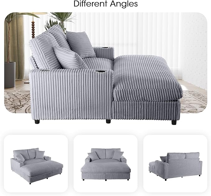 Eafurn 64" Oversized Chaise Lounge Chair Indoor, Plush Corduroy Upholstered Sofa Bed with Pillows & 2 Cup Holders, Extra Wide Deep Seat Sleeper Couch Recliner Chair for Living Room | Removable Cushions, Wooden Frame, Solid Legs