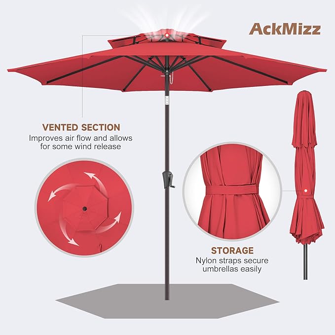 9FT Outdoor Patio Umbrella - 2 Tiers Table Umbrella Waterprool UV Protection, Sombrillas de Patio with Push Button Tilt, Sun Umbrella for Pool, Porch, Garden, Backyard (Red)