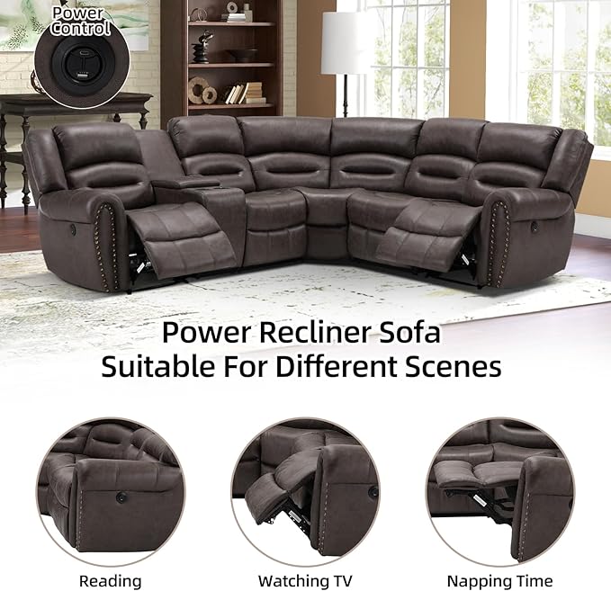 EBELLO Faux Leather Reclining Sectional Sofa Set, L-Shaped Power Corner Couch Home Furniture Set with Storage Console, Cup Holders, USB Port(Dark Brown,Sofa with Recliner)