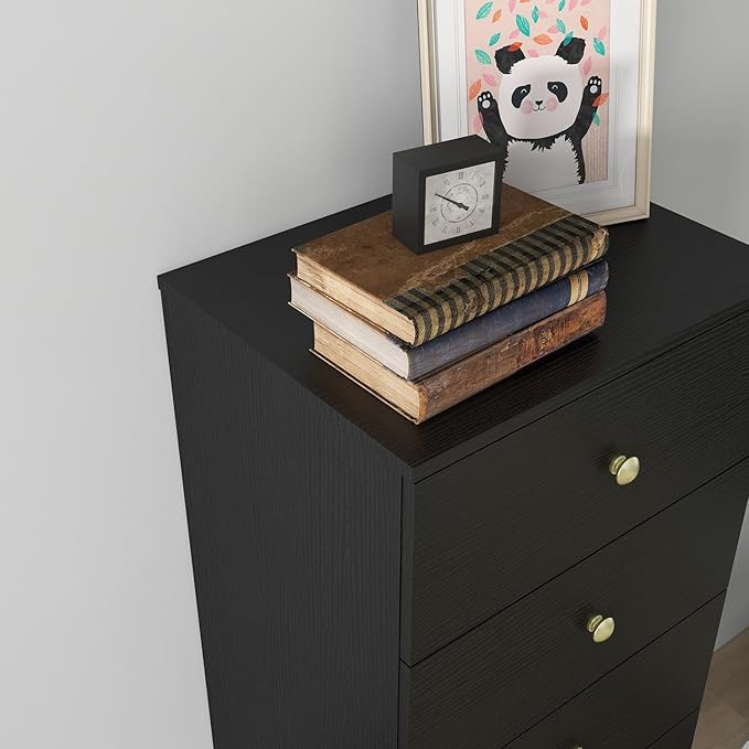 Panana Modern 6 Drawer Vertical Dresser, Wood Tall Chest of Drawers N Arrow Storage Organizer with Wide Drawers & Metal Gold Handles for Bedroom, Living Room, Office, Hallway, Entryway (Black)