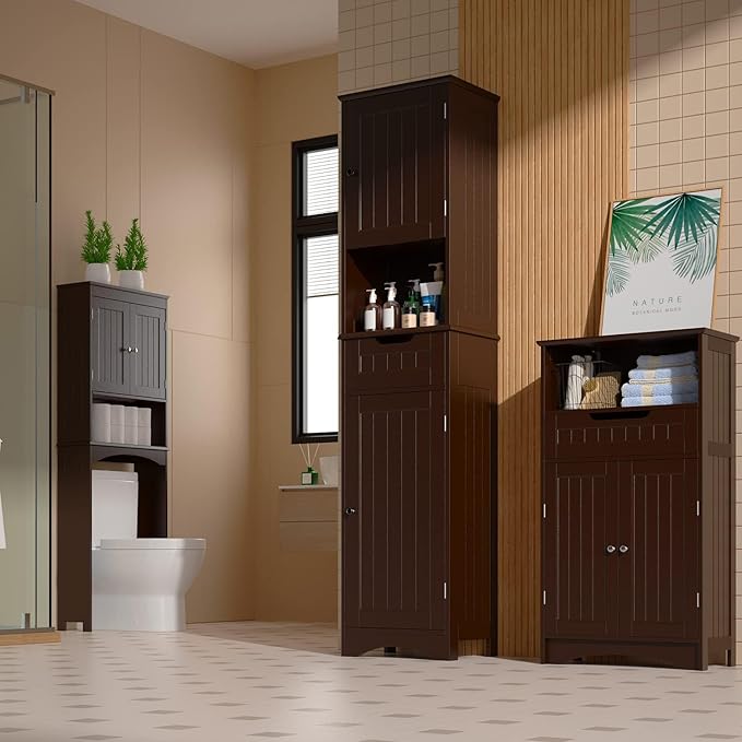 Gizoon 67" H Tall Bathroom Cabinet, Storage Cabinet with 2 Doors & Drawer, Narrow Linen Tower Freestanding Adjustable Shelves for Home, Kitchen, Versatile, Anti-Tipping, Dark Brown | Tall, 2 Doors, Drawer, Narrow, Freestanding, Adjustable Shelves