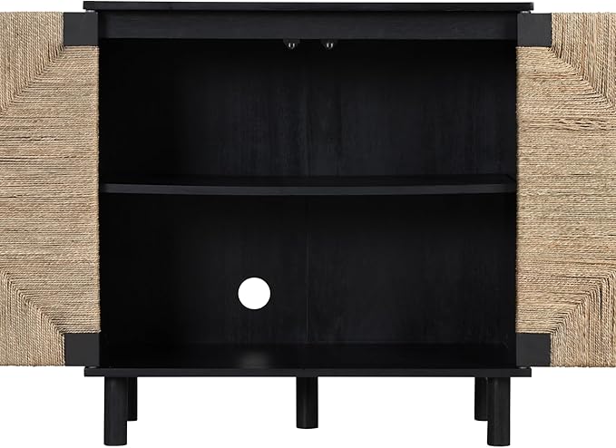 Nathan James Beacon Bohemian TV Stand, TV Wall Unit with Shelves and Accent Storage Cabinet with Solid Wood Legs and Seagrass Door Fronts, Black