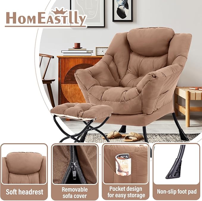 Lazy Chair with Ottoman, Large Khaki Accent Chair with Ottoman, Comfy Reading Armchair, Leisure Sofa Chair for Living Room, Bedroom, Dorm Room, Office