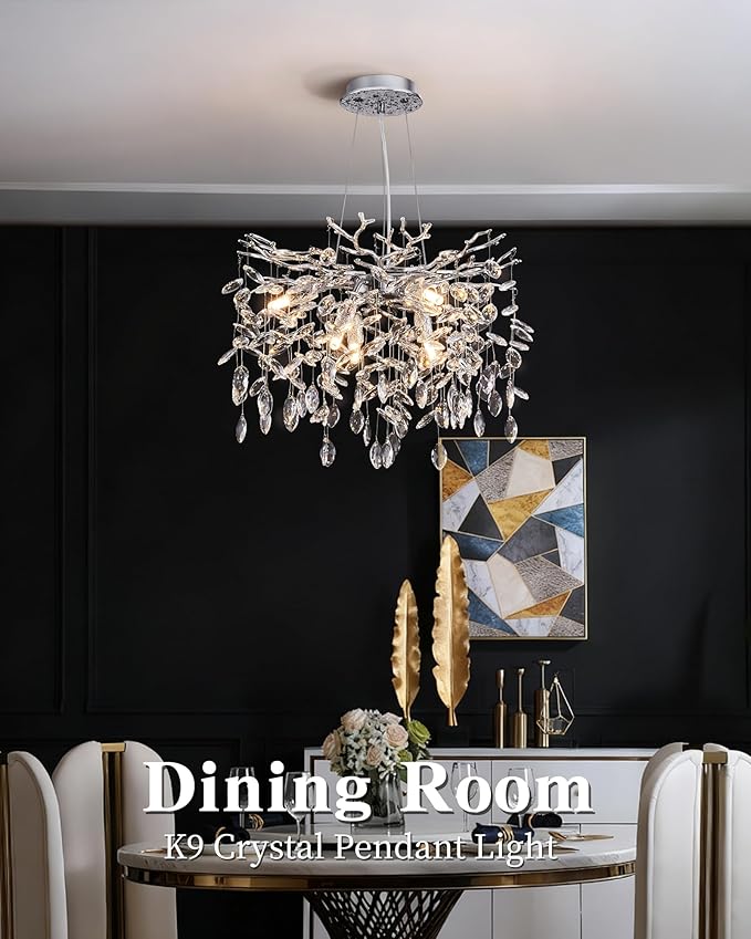 Modern Tree Branch Crystal Chandelier Luxury Silver Crystal Pendant Lighting 18" Contemporary 6-Light Chandeliers for Dining Room Kitchen Bedroom Living Room