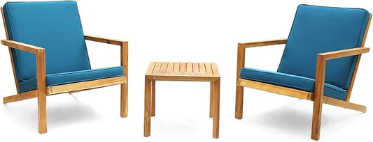 Christopher Knight Home Nick Outdoor 3 Piece Acacia Wood Chat Set, Brown Patina and Dark Teal