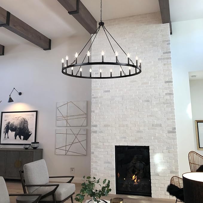 Black Wagon Wheel Chandelier 20-Light 48" Large Black Farmhouse Chandelier High Ceiling Light Fixture for Living Room Entryway Hallway Kitchen Island