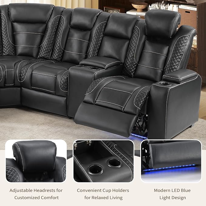 ANJ Recliner Sofa Set,Included 1PCS Loveseats and 2 PCS 3-Seat Home Theater Seating with Center Console & Fixed Middle LED Lights USB for Living Room (Black)