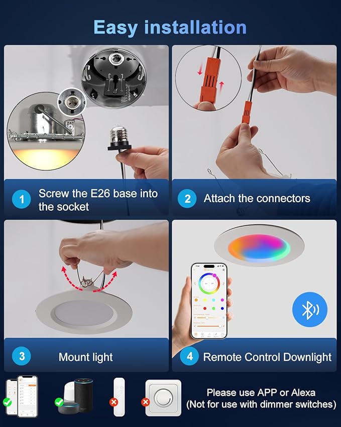 Smart Recessed Lighting 6 Inch, RGBCW Color Changing Smart Can Light Bluetooth Connect, Flicker Free, 13W 1300LM, Dimmable Retrofit Downlight Works with Alexa Voice & App Control, ETL, 6 Pack