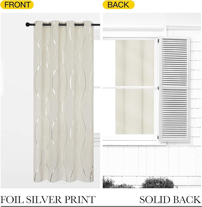 NICETOWN Bedroom Curtains Small Blackout Panels, Beige, Set of 2, 42 by 48 Inch, Window Treatment Thermal Insulated Solid Grommet Blackout Wave Line Foil Print Design Curtains for Kitchen, Cafe, Loft