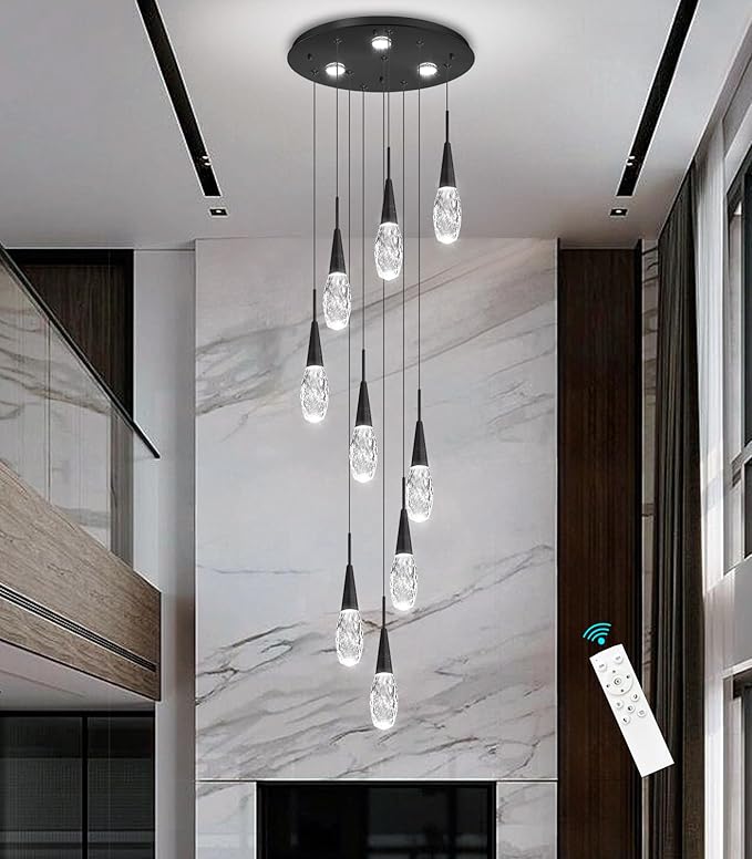 118 Inches Long Chandelier Adjustable Hanging Lights Modern Glam Crystal Ceiling Pendant Dimmable Lighting Fixture for Hallway Foyer Living Room Black