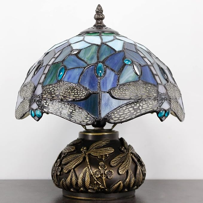 Small Tiffany Table Lamp Blue Dragonfly Style Stained Glass Desk Lamp 10X11.5 Inch Mushroom Table Light for Office Home Living Room Bedroom